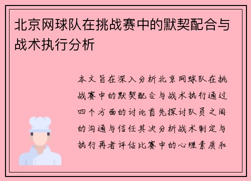 北京网球队在挑战赛中的默契配合与战术执行分析